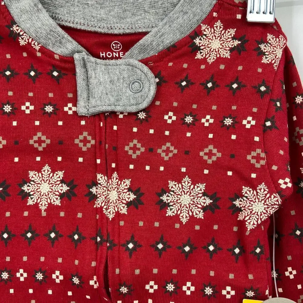 Honest Baby Pajama Size 12 Months Footed Fair Isle Red Snowflake‎ Organic Cotton